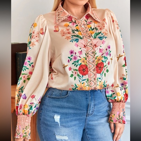 Boho Floral Print Lace Trim Smocked Shirred Cuffed Button Down Shirt Top Blouse - Picture 5 of 7